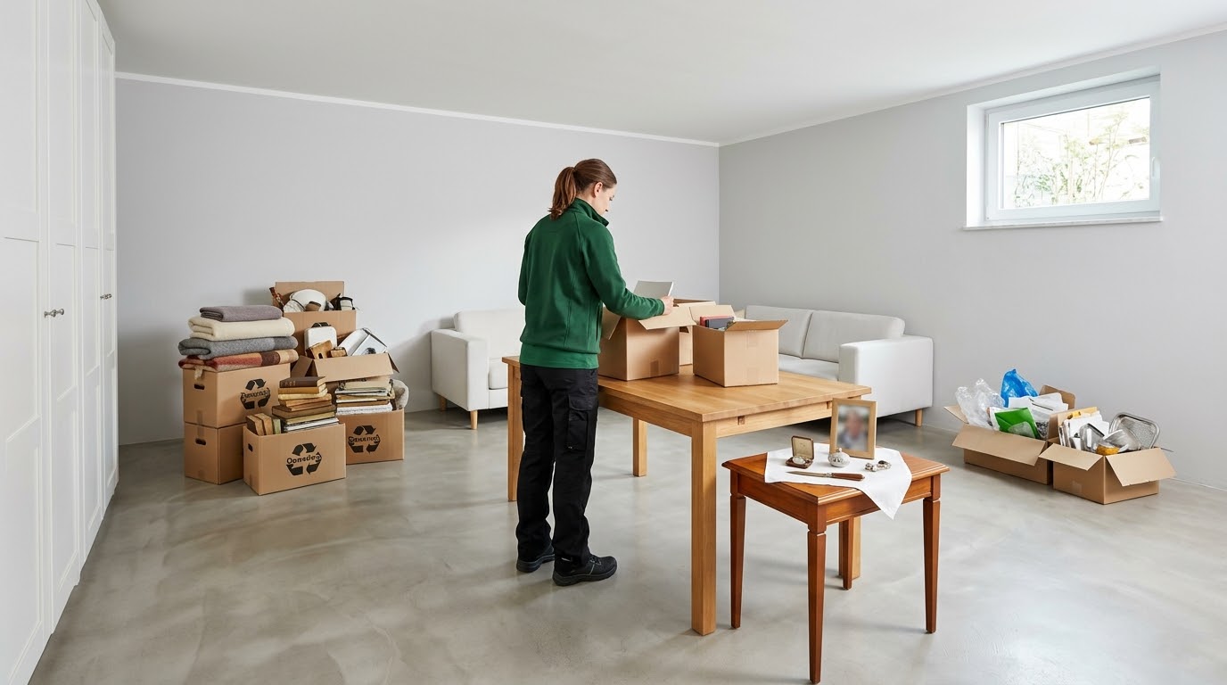 Wohnungsentrümpelung: Kartons und Gegenstände sichten | VIREO SERVICE Mitarbeiterin sichtet Kartons und Gegenstände in einem hellen Wohnraum