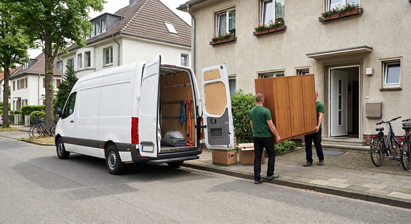 KI-Beispielbild: Zwei Personen tragen einen Schrank aus einem Wohnhaus zum Transporter