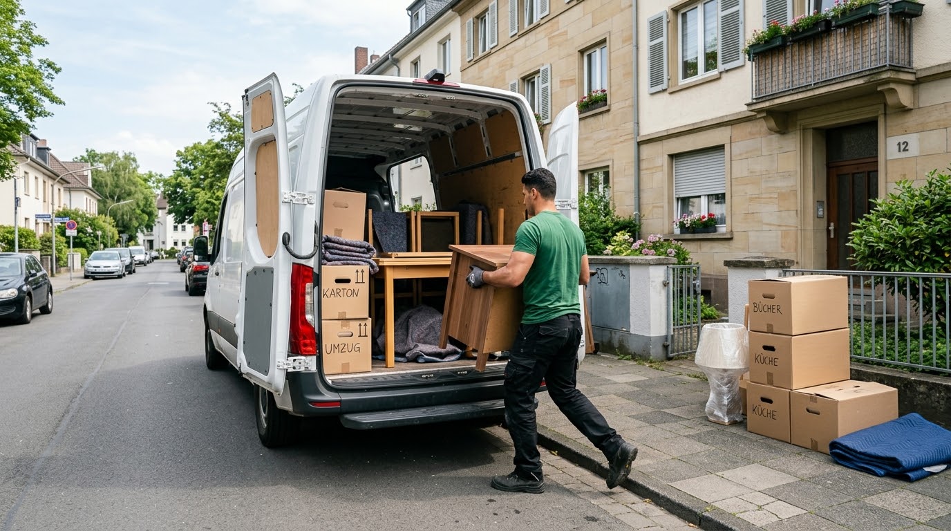 Entrümpelung Meerbusch: Möbel und Kartons abtransportieren (Beispielbild) Beispielbild eines Mitarbeiters, der ein Möbelstück in einen Transporter lädt