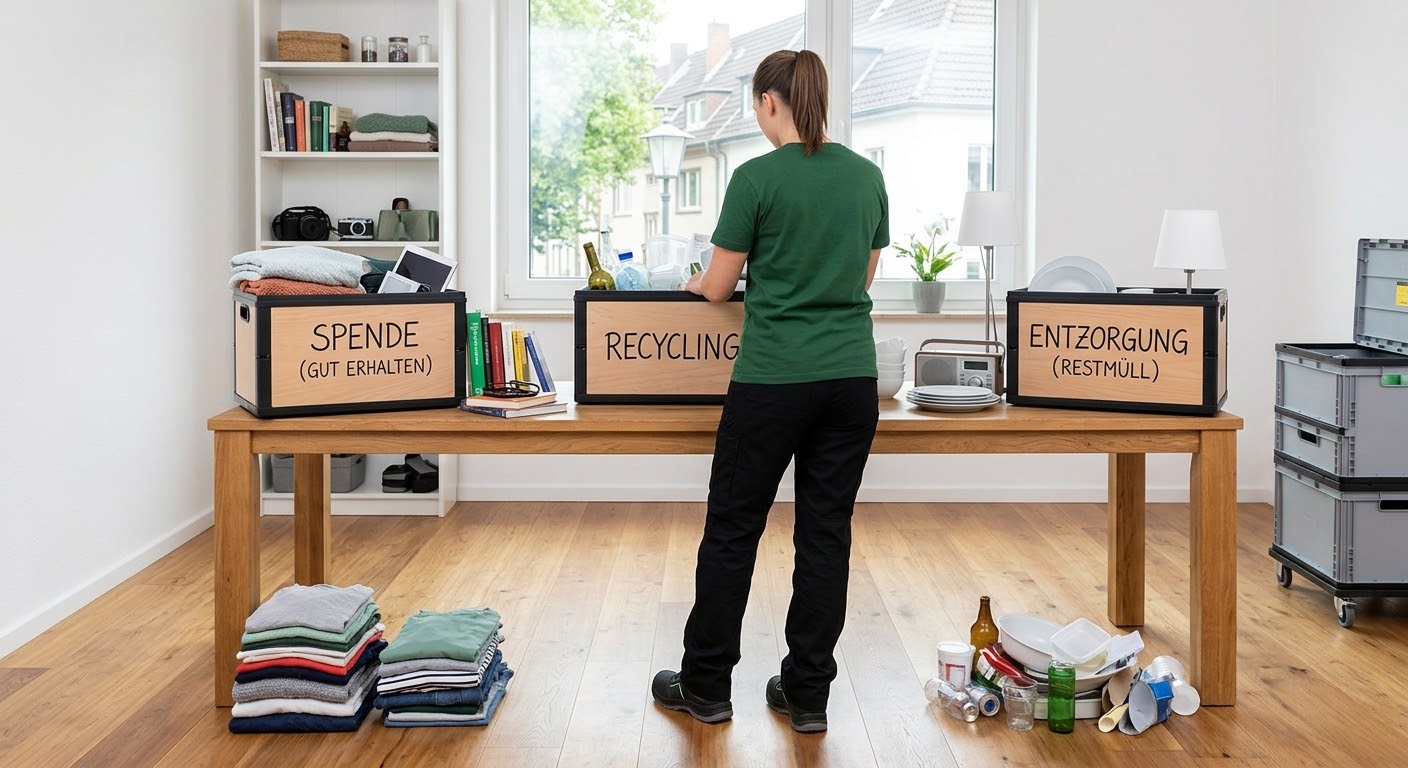 KI-Beispielbild: Eine Frau sortiert Hausrat in beschriftete Behälter für Weitergabe, Recycling und Entsorgung