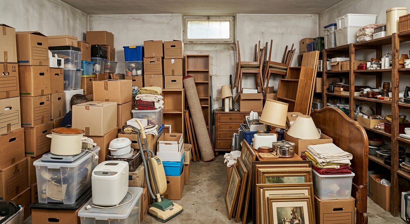 Kellerentrümpelung Meerbusch: Gegenstände vor der Räumung (Beispielbild) Beispielbild eines vollen Kellerraums mit Kartons, Möbeln und Haushaltsgegenständen vor einer Entrümpelung