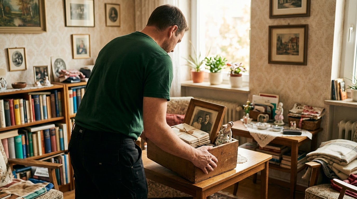 KI-Beispielbild: Ein Mann sichert eine Kiste mit Familienfoto und persönlichen Erinnerungsstücken