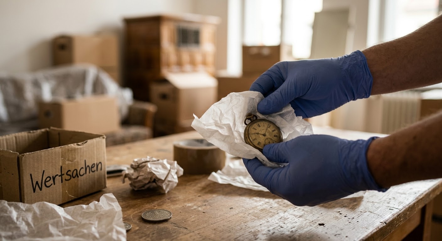 Nachlassauflösung Meerbusch: Erinnerungsstücke vor der Räumung sichern (Beispielbild) Beispielbild: behandschuhte Hände halten eine Taschenuhr als Sinnbild für persönliche Erinnerungsstücke im Nachlass