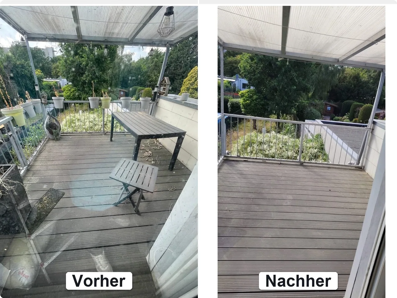 Echtes Projekt: überdachter Balkon mit Möbeln und Pflanzgefäßen vor der Räumung und freie Fläche danach