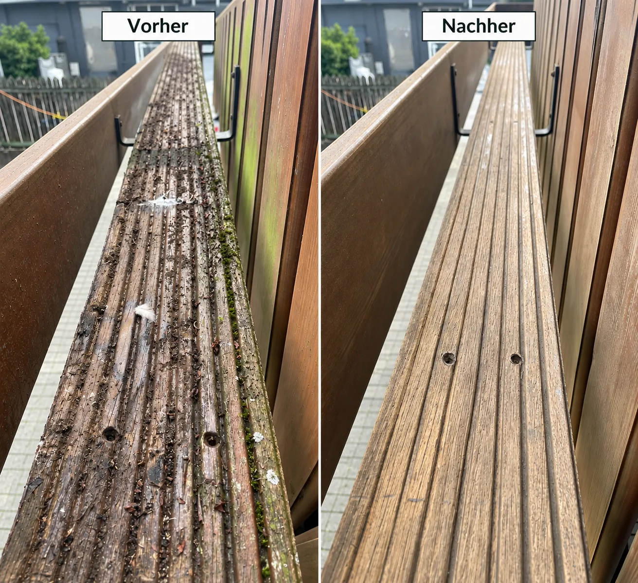 Echtes Projekt in Köln-Chorweiler: verschmutzte Holz-Pflanzenablage links, gereinigte Ablage rechts