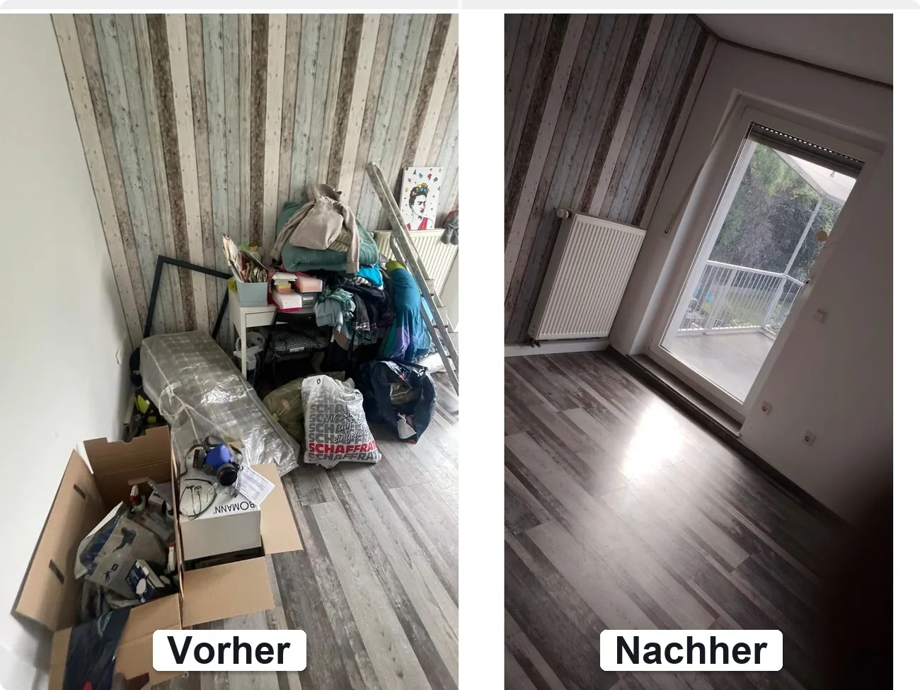 Echtes Projekt: vollgestelltes Zimmer vor der Entrümpelung und geräumtes Zimmer mit Balkontür danach